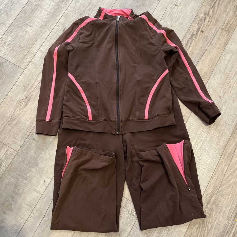 Talbots Tracksuit ZipUp Size L Jacket and Matching M Pants Women's Brown Pink